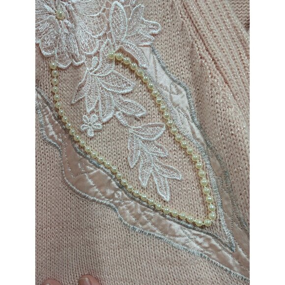 Vintage Jaclyn Smith Faux Wrap Sweater Pink Shoulder Pads White Lace Pearls Sz L - Picture 13 of 16